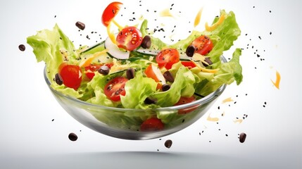 flying salad isolated on white background. Greek salad: red tomatoes, pepper, cheese, lettuce, cucumber, olives and olive oil