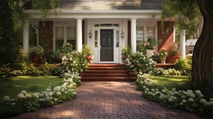 Front door of classic home with landscaped front yard and brick path.