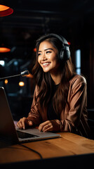 Fototapeta na wymiar Female Asian Podcaster in Home Studio