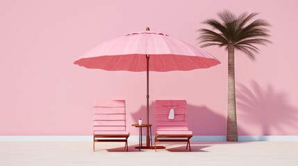 Minimalist outdoor furniture with chair and umbrella in pastel pink and hot pink color. Creative composition. 3D render for social media, shopping store, studio. Minimalist lifestyle, outdoor camping