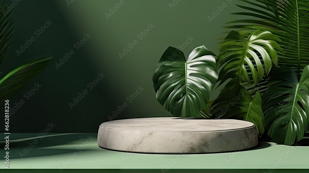 Poster 3d background with stone podium display. nature rock pedestal with tropical palm leaf and shadow on 