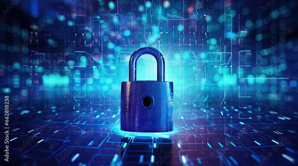 Poster Cyber data, privacy and network protection concept with padlocks binary code printed on circuit surface and abstract blue background with space for advertising poster or frame. 3D rendering, mockup