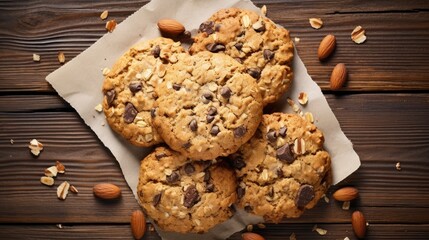 Homemade gluten free oatmeal cookies with dark chocolate and nuts on white wooden background, top...