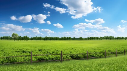Fototapeta na wymiar A vast Greenery field with white fence at a farm located in Kentucky, USA