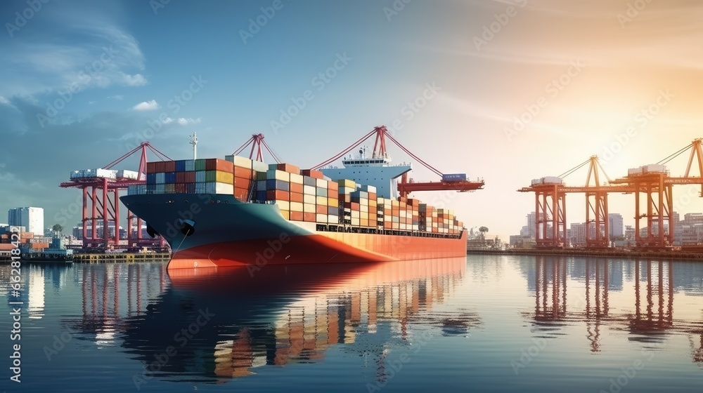 Poster container ship unloading in deep sea port, global business logistic import export freight shipping t