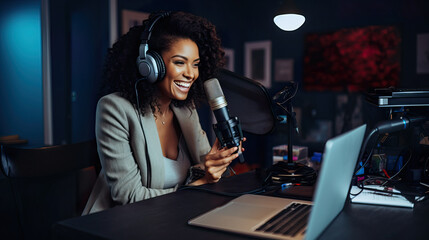 Black Female Podcaster Making Audio Podcast from Her Home Studio