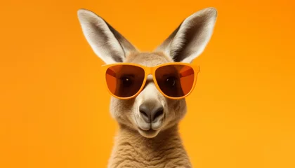 Fototapeten a kangaroo with shining sunglasses looking into the camera and summery orange background © Hannes
