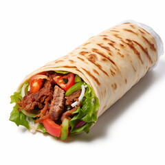 A tasty doner doner kebab wrap with spicy meat, lettuce, tomato, isolated on transparent background
