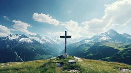 Summer mountain landscape near Mestia, Svaneti region, Georgia, Asia. Snowcapped mountains in the background. Blue sky with clouds above. Christian cross on the top of the hill. Travel destination