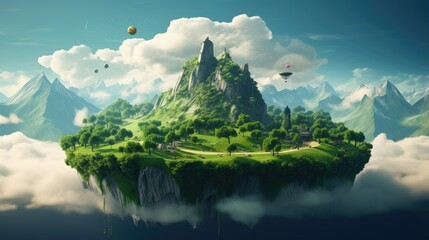 fantasy floating island with mountains, trees, and animals on green grass isolated with clouds. 3d illustration of flying land with beautiful land scape. - obrazy, fototapety, plakaty