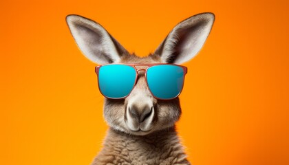 a kangaroo with blue reflective sunglasses looking into the camera and summery orange background