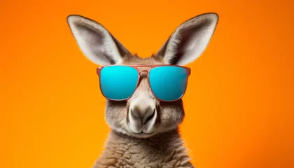Foto op Plexiglas a kangaroo with blue reflective sunglasses looking into the camera and summery orange background © Hannes