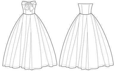 Sweetheart neck strapless ball gown wedding dress with bow design flat sketch fashion illustration with front and back view, off shoulder bridal dress flat sketch cad drawing template