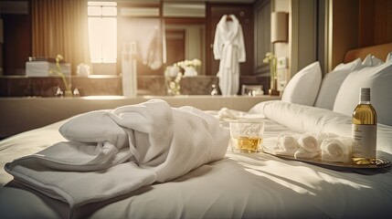 the interior of a luxury hotel room after cleaning white robes folded on the bed concept cleanliness and hospitality
