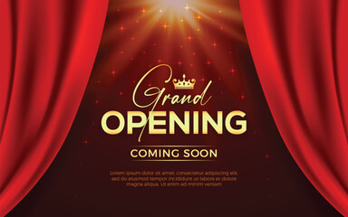 Realistic grand opening invitation banner with red curtains, golden elements and 3d editable text effect