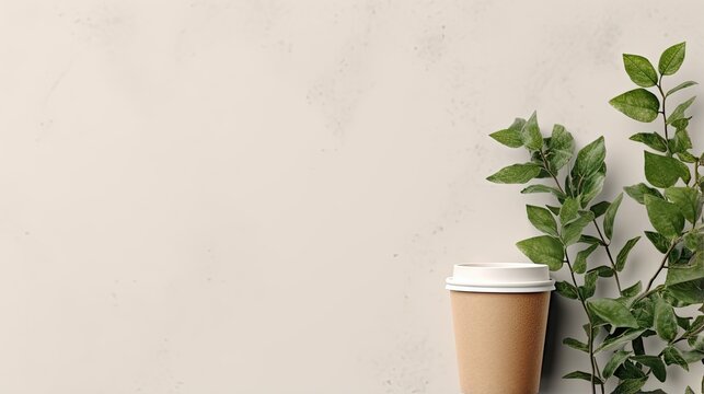 Banner with eco-friendly coffee to go cups - kraft paper cup with green leaves above on light grey background with copyspace. Recycled kraft paper packaging and zero waste concept, mockup image