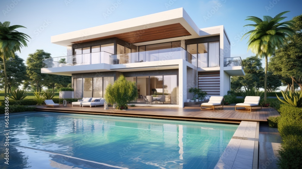 Poster modern house with terrace and pool. 3d rendering