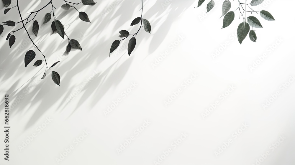 Poster abstract silhouette shadow overlay white background of natural leaves tree branch falling on wall. t