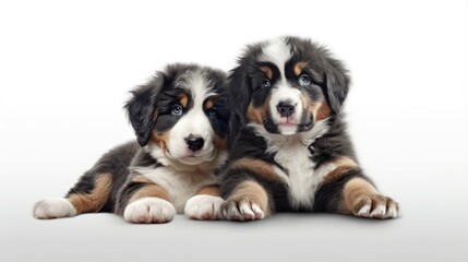 Happy pets. Adorable Bernese Mountain Dog puppy and gray tabby cat on white background. Banner design