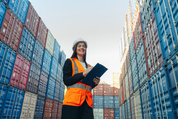 Woman Engineer with Clip Folder in white helmet and vest working in container terminal port - obrazy, fototapety, plakaty