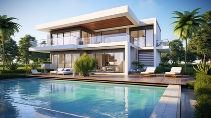 Fototapeta premium Modern house with terrace and pool. 3D rendering