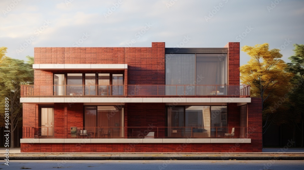 Poster A two-storey building with a minimalist model with red brick accents. Minimalist and elegant.