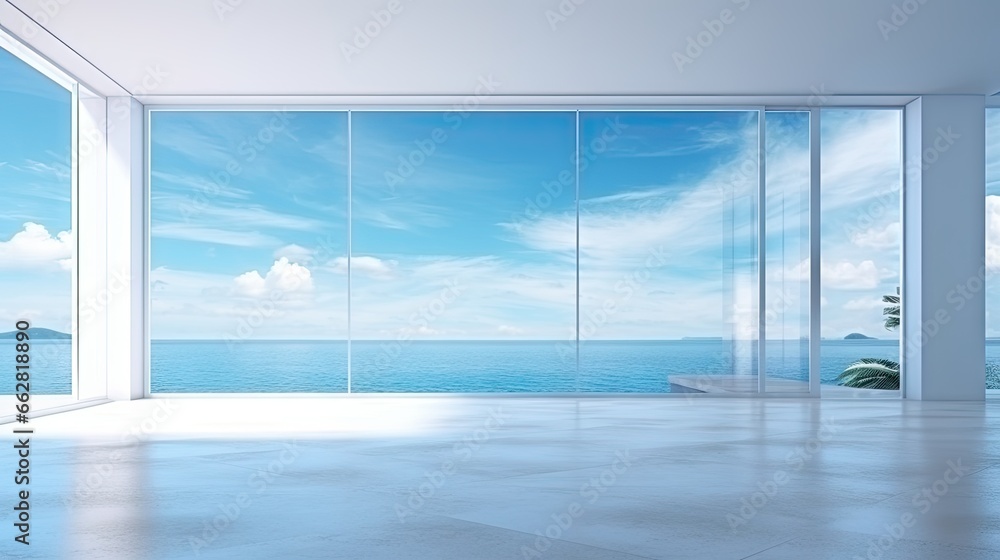 Aufkleber perspective of modern minimal space empty room building with window sea view background, space facil