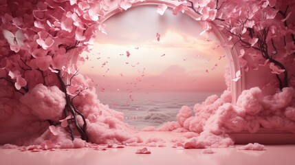 Fantasy pink scene with clouds and pink balls