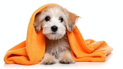 Cute wet havanese puppy dog after bath is sitting wrapped in an orange towel, isolated on white background - obrazy, fototapety, plakaty