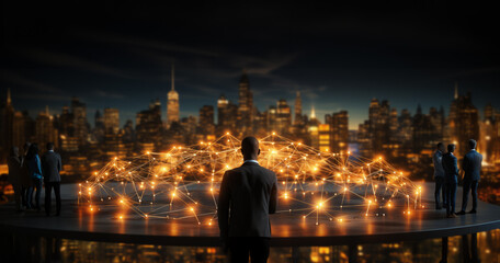 Fototapeta na wymiar Business Man back with dark color suit looking his network of lights with some people on each side and a night skyscrappers city view - AI generated