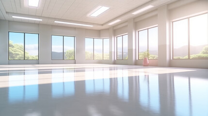 Large and Empty Room with white floor and many large Windows with nature view and cold sunlight  - AI generated