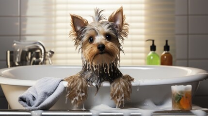 Wash the dogs (grooming dog) on a white background in studio