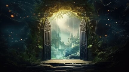 Magic Gate. Mysterious Entrance portal to Fantasy world. Ancient ruins. Passage to another world. Stone door to an alien world. Fantasy landscape with sunrise. Fairy-tale scene. 3D art - obrazy, fototapety, plakaty