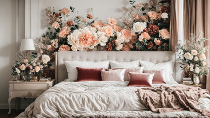 Modern bedroom with elegant Vintage style floral painting white background flowers and velvet bedding