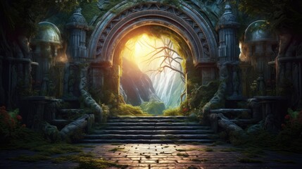 Magic Gate. Mysterious Entrance portal to Fantasy world. Ancient ruins. Passage to another world. Stone door to an alien world. Fantasy landscape with sunrise. Fairy-tale scene. 3D art
