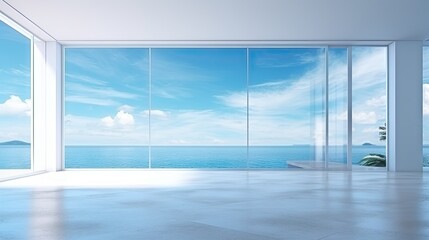 Fototapeta na wymiar Perspective of modern minimal space empty room building with window sea view background, space facilities for vacation. 3D rendering
