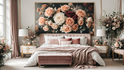Modern bedroom with elegant Vintage style floral painting white background flowers and velvet bedding