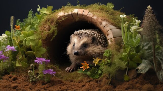 Hedgehog, wild, native European Hedgehog (Erinaceus europaeus) in colourful herb garden, sat inside a clay drainage pipe covered in wild thyme and herbs. Facing forward. Space for copy. Horizontal.
