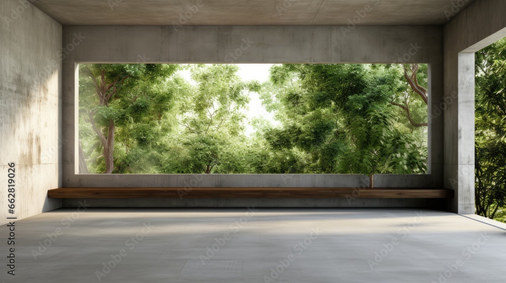 Poster 3d render of empty concrete room with large window on nature background.