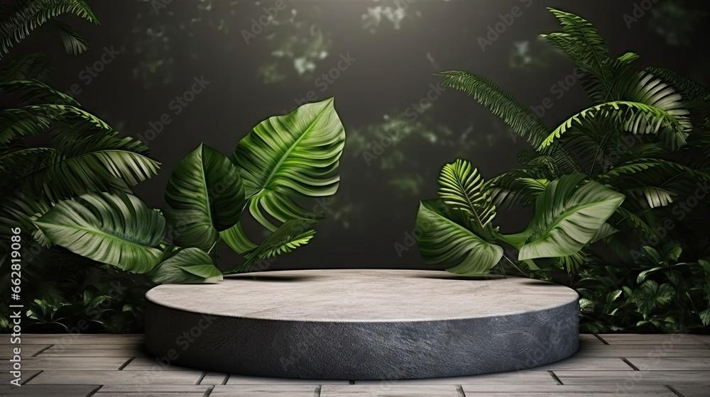 Poster stone product display podium with nature leaves background. 3d rendering