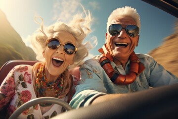An aged couple in sunglasses and summer clothes happily drives a convertible on a sunny day