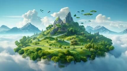 fantasy floating island with mountains, trees, and animals on green grass isolated with clouds. 3d illustration of flying land with beautiful land scape.