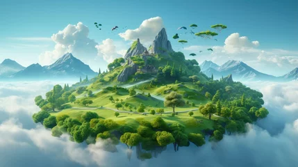 Poster Paysage fantastique fantasy floating island with mountains, trees, and animals on green grass isolated with clouds. 3d illustration of flying land with beautiful land scape.