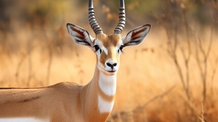 Fototapeta premium Chinkara or Indian gazelle Antelope animal funny face portrait or facial expression in outdoor wildlife safari at ranthambore national park reserve sawai madhopur rajasthan india - Gazella bennettii