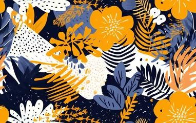 Gordijnen  Abstract trendy exotic floral jungle pattern. Collage contemporary seamless pattern. Hand drawn cartoon style pattern © Tharindu