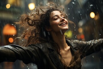 Young woman dancing in the rain with arms outstretched