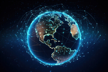 Global communication network around planet Earth in space, worldwide exchange of information by internet and connected satellites for finance, cryptocurrency or IoT technology. - obrazy, fototapety, plakaty