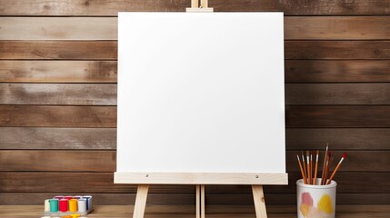 Easel with blank canvas board and brushes on table near wooden wall. Children's painting