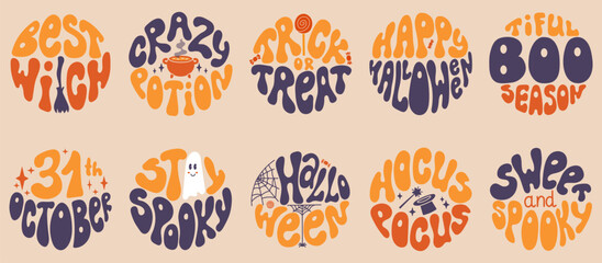 Big set round shapes lettering for Halloween in retro colors in flat vintage style of 60s 70s. Trendy groovy print design for posters, cards, tshirts.