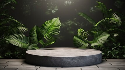 Stone product display podium with nature leaves background. 3D rendering